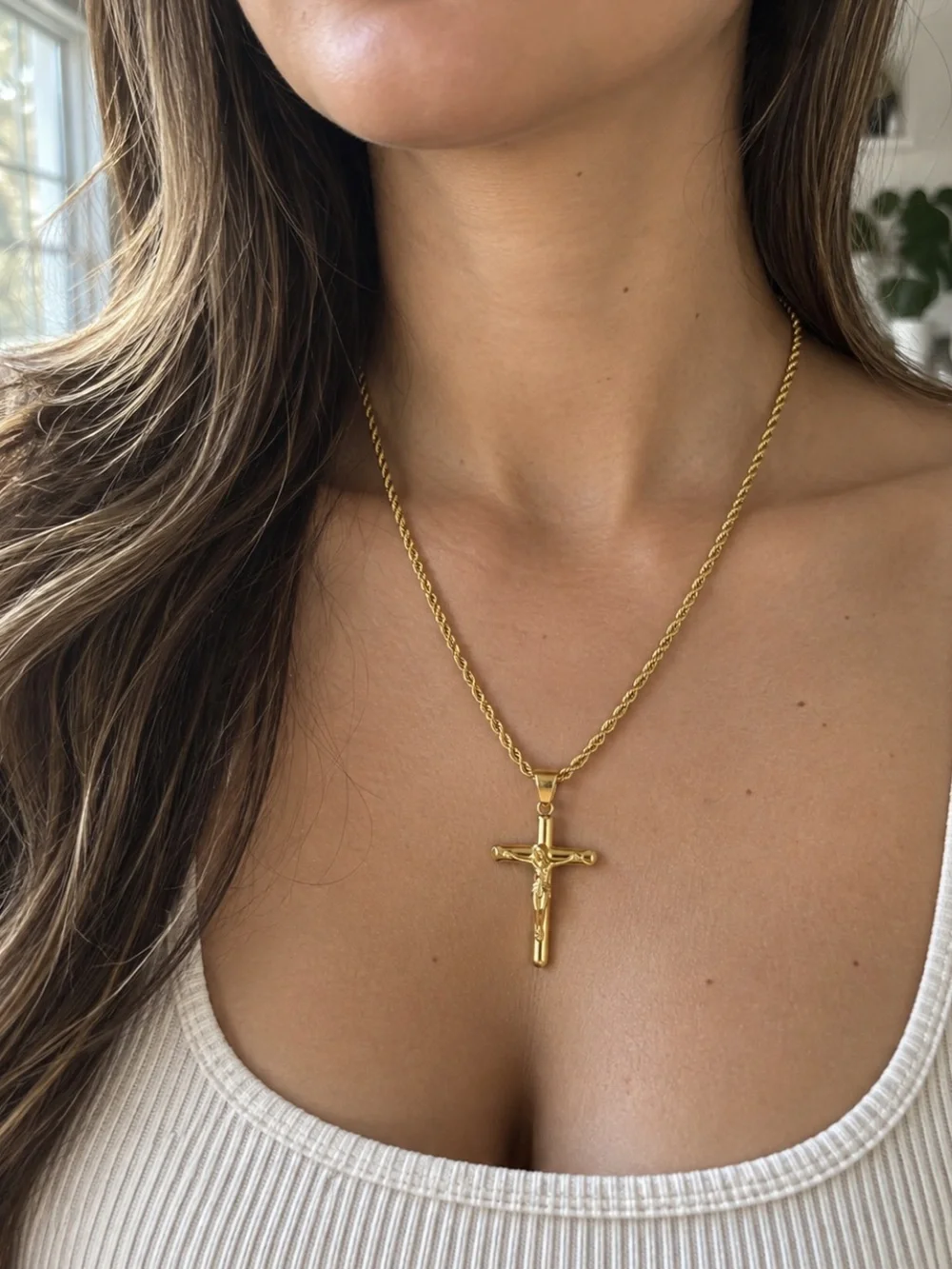 14K Gold Plated Crucifix Pendant Necklace 3mm Rope Chain 21in Jesus Cross Unisex